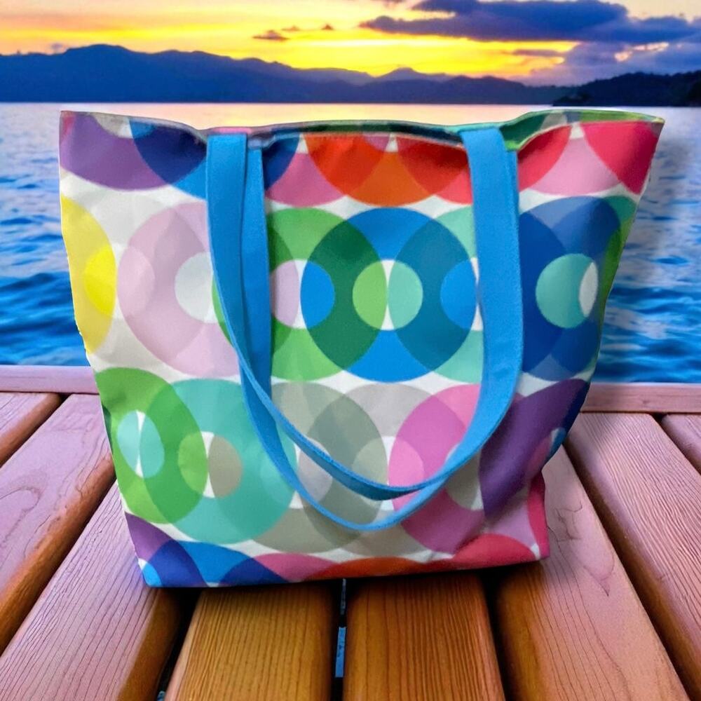 Clinique Kapitza Geometric Circles Canvas Tote Bag 16" Beach Travel Shoulder